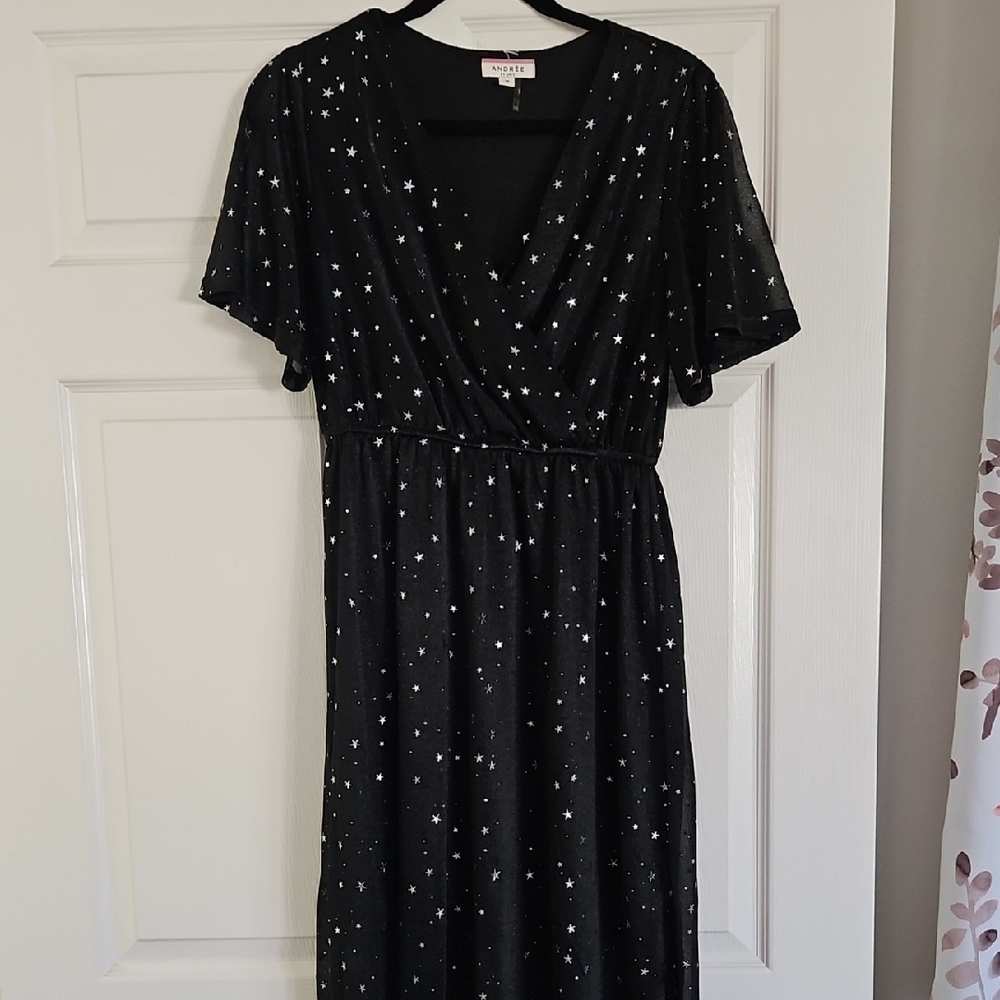 ANDREE BY UNIT Black StarPrint Faux Wrap  Midi Dress